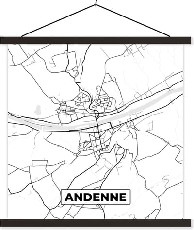Posterhanger incl. Poster 60x60 cm - Schoolplaat - Zwart Wit – België – Plattegrond – Stadskaart – Kaart – Andenne - Textielposter - Zwarte latten - Stadskaart
