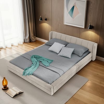 DESMIU Gestoffeerd Bed 140x200cm - Comfortabel Hoofdeinde Voor Lezen - Stevig Frame Met Verstevigde Ondersteuning - Voor Slaapkamer En Logeerkamer - Beige - Zonder Matras