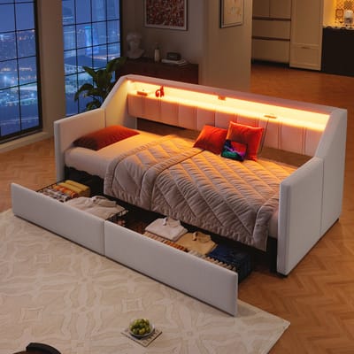 Slaapbank - 90 x 200 cm - met USB en Type-C - LED-verlichting - met 2 lades - multifunctioneel uitschuifbaar bed - zonder matras - beige