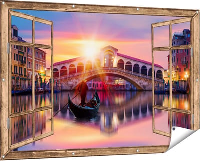 Gards Tuinposter Doorkijk Gondel bij de Rialtobrug in Venetië, Italië - 150x100 cm - Tuindoek - Tuindecoratie - Wanddecoratie buiten - Tuinschilderij