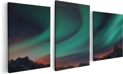 Artaza Canvas Schilderij Drieluik Noorderlicht in de Bergen - 120x60 - Foto Op Canvas - Canvas Print