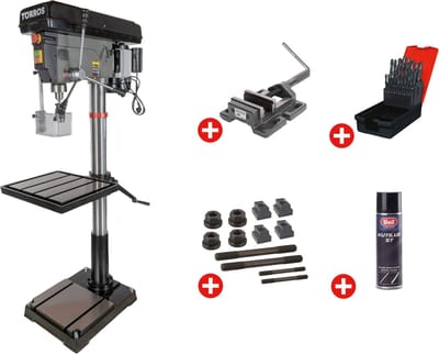 Professionele kolomboormachine boren tot ø 30 mm MK3 1,5 kW 230V + boorklem set spanbouten set boren 1-13 mm spuitbus Torros DF30M PACK