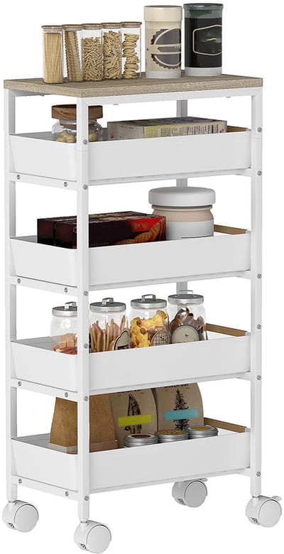 Pugsdrly Keukentrolley met 5 niveaus, houtlook, verrijdbaar, metalen frame, 4 lades, wit