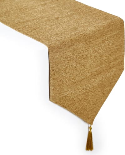 Homes Tafelloper van fijn chenille om te eten met V-hals en kwastjes, 32 x 150 cm - goud | decoratieve doek voor feest, bruiloft, thuis, cafés, restaurants en hotels