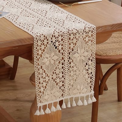 Ibenzoa® Elegante beige gehaakte tafelloper met vintage bloemen en kwastjes