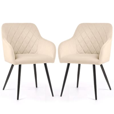 Set van 2 Eetkamerstoelen VELTO met Armleuningen / Gestoffeerde Stoelen / Fluwelen Stoelen en Metalen Poten / Beige met zwarte benen