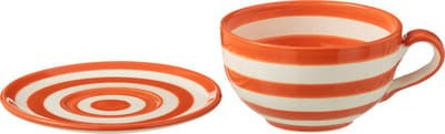 J-Line kopje + schoteltje Granada Stripes - keamiek - wit/oranje