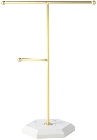 Dailygoods- Sieradenstandaard Gouden T-Bar - Sieradenhouder - Sieraden Organizer - Oorbellenhouder - Displaystandaard - Metalen Design met Bakje - Sieradenorganizer