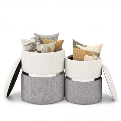 Coast Opbergpoefenset - set van 2 ronde poefs - linnen stof - zilveren accentring - beige en grijs