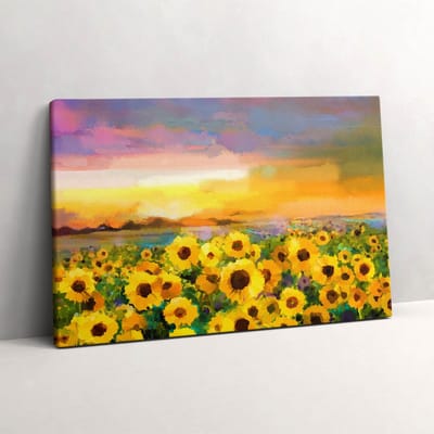 Wallfluent Foto Op Canvas Zonnebloemveld en zonsondergang - 60 x 40 cm - Geel Schilderij Op Canvas - Bloemen en Planten Foto Canvas - Natuur Print Op Doek - Bloemen en Planten Schilderij Canvas