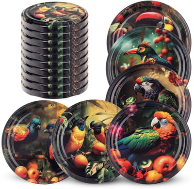 KADAX Schroefdeksel met diameter van 82 mm, metalen twist-off-deksel, reservedeksel voor inmaakpotten en weckpotten, deksel met 6 inkepingen (exotische vogels, 10 stuks)