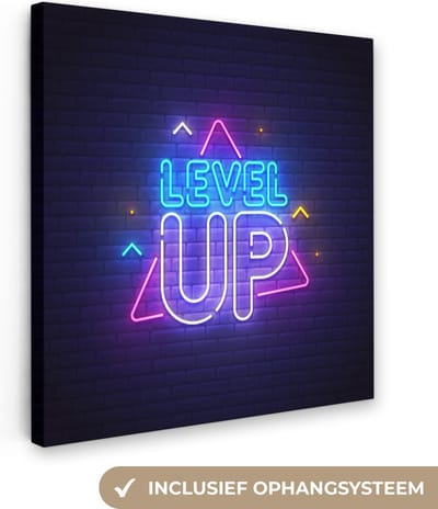 Canvas schilderij 20x20 cm - Wanddecoratie Gaming - Neon - Level Up - Quotes - Gamen - Muurdecoratie game room - Gaming kamer decoratie - Gameroom accessoires - Schilderijen