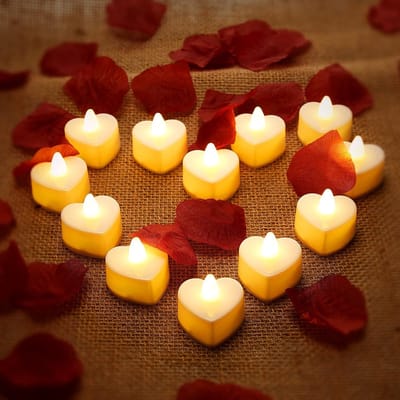 12 Stuks Hart Vormige LED Theelichtjes Veilige Vlammeloze Kaarsen Geel Licht Voor Valentijnsdag Bruiloft Feest Tafeldecoratie Romantische Sfeerverlichting