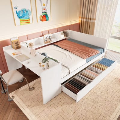 DESMIU Houten Bed 140x200 cm – Tweepersoonsbed Met Bureau En Opbergplanken – 2 Lades Onder Bed – Voor Slaapkamer En Studio – Grenen – Wit – Zonder Matras