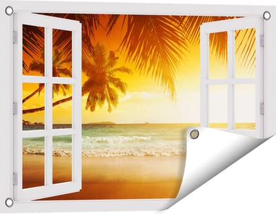 Gards Tuinposter Doorkijk Tropisch Strand tijdens Zonsondergang - 60x40 cm - Tuindoek - Tuindecoratie - Wanddecoratie buiten - Tuinschilderij
