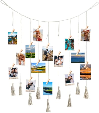 Dailygoods- Fototouw met 20 Clips - Wanddecoratie - Boho Fototouw - 150 cm x 70 cm - Praktisch in Gebruik - Inclusief Franjes - Foto Ophangsystemen