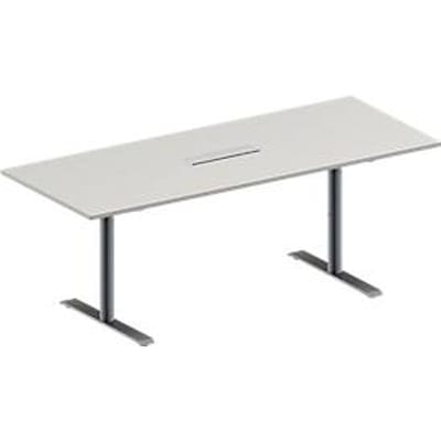 Schäfer Shop Genius Vergadertafel MODENA FLEX, in hoogte verstelbaar, 6-voudige contactdoos, rechthoekige vorm, T-poot ronde buis, B 2000 x D 800 mm, lichtgrijs