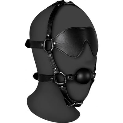 Blindfolded Head Harness met Solid Ball Gag - Zwart