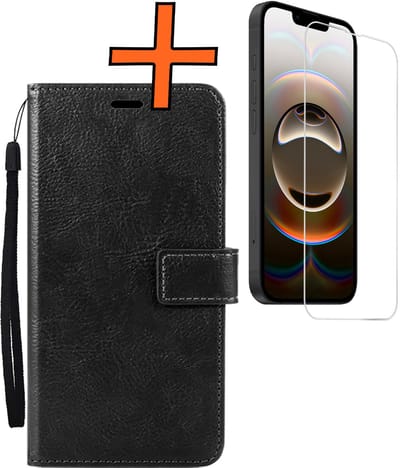 Hoes - Met Screenprotector - Geschikt voor Apple iPhone 16e - Luxe Pasjeshouder - Bookcase Portemonee - Flip Case - Kunstleer Book Case - Flipcase - Book Cover - Walletcase - PortemonneeHoes - Zwart