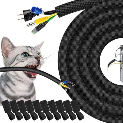 3 m - 10 mm zwarte kabelbeschermer (veilig voor huisdieren) – Zelfklevend – Robuuste kabelorganizer – Geschikt voor kabelbeheer bij computers, tv's en andere apparaten – Bijtbestendige kabelhoes voor huisdieren – Kabelbuis / Kabelbeschermhoes