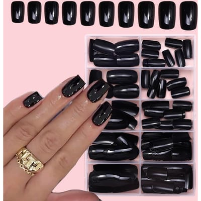 Ensemble de 120 autocollants pour ongles carrés noirs Courts, Faux ongles à couverture totale Pour manucure DIY Pour femmes Filles, Accessoires Nail Art, Fournitures pour ongles noir