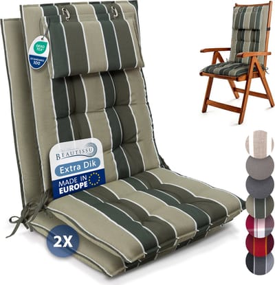 Beautissu Sun-HL – Set van 2 Premium Hoge Rugleuning Stoelkussen 120x50 cm – UV-bestendig – 8cm Dik – met Hoofdkussen & Bevestigingsbanden – Antislip – Groen Gestreept