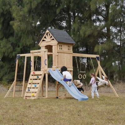 AXI Duncan Speeltoestel met Schommels, Klimrekken en Monkey Bars – Met Picknickbank - Pastel Blauwe Glijbaan - FSC 100% – Speeltoren voor de tuin / buiten