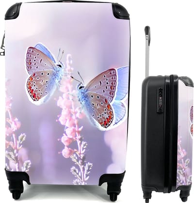 MuchoWow® Koffer - Vlinder - Lavendel - Bloemen - Paars - Past binnen 55x40x20 cm en 55x35x25 cm - Handbagage - Trolley - Cabin Size - Print