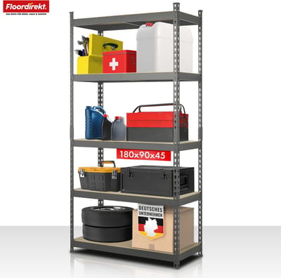 FLOORDIREKT Stellingen voor Zwaar Gebruik Rhino - Opbergrekken met 5 Legplanken - 1050 kg Draagvermogen - Innovatief Insteeksysteem - Antraciet-Grijs - 180 x 90 x 45 cm