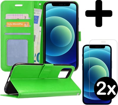 Hoesje - Met 2x Screenprotector - Geschikt voor Apple iPhone 12 - Luxe Pasjeshouder - Flip Case - Bookcase Portemonee - Kunstleer Book Case - Flipcase Hoes - Book Cover - Walletcase - Portemonneehoes - Telefoonhoes - Groen