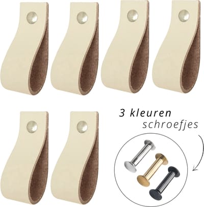 Handles and more - 6x Leren handgrepen lusjes - Creme - XS (12,6 x 2,5 cm) - incl. 3 kleuren schroefjes (handgreepjes - leren grepen - greepjes - leren lusjes)