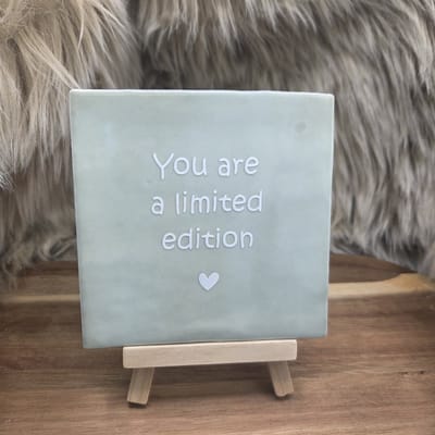 Robuust Wenstegeltje – You Are a Limited Edition – Hip trendy tegeltje – Uniek Cadeau voor Vriendin, Juf, Tante, Zus of Collega – Stijlvolle Woondecoratie met Boodschap – Trendy nu – Decoratief Tegeltje met Standaard – Cadeau Idee
