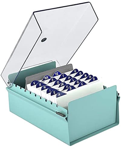 Card File Holder Index Organizer Metaal Vijlhouder voor 4x6 Indexkaarten met Verdeler en Transparant Deksel