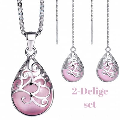2-Delig Set- Juliette -ketting- oorbellen- Zilver- Filigraan Roze-Charme bijoux