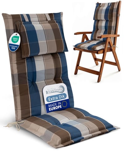 Beautissu Tuinkussen Hoge Rug Zitkussen 120x50cm HighLux HL – Set van 1 Stoelkussen voor Tuinstoelen 7cm dik Bruin-Blauw Geruit – Made in EU