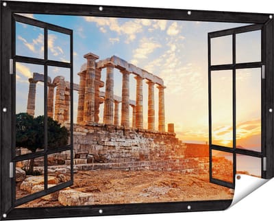 Gards Tuinposter Doorkijk Tempel van Poseidon in Athene, Griekenland - 150x100 cm - Tuindoek - Tuindecoratie - Wanddecoratie buiten - Tuinschilderij