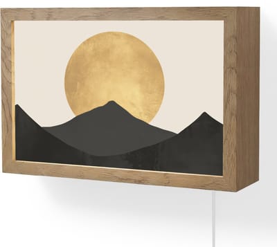 Wandlamp 30x20 cm - Oplaadbaar - Bergsilhouetten - Gouden cirkel - Beige - Wandlampen binnen woonkamer - Slaapkamer lamp met kabel - Decoratieve nachtlamp - Vloerlamp snoer