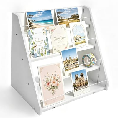 Dailygoods - DBREAKS Ansichtkaartenstandaard voor wenskaarten, 4 verdiepingen, 34 x 22,7 x 31 cm, presentatiestandaard van bamboe en acryl, draagbare wenskaartenstandaard voor stickers, kaartenstandaard voor
