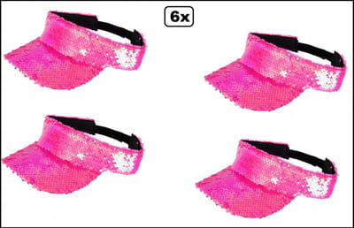 6x Zonneklep met pailletten pink - verstelbaar - Roze Sequin carnaval festival glitter fun