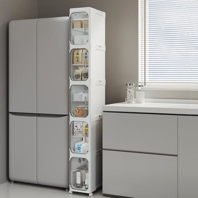 Smalle opbergkast met verstelbare planken en wielen voor badkamer, keuken en wasruimte