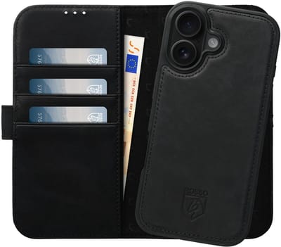 Rosso Elite Hoesje Geschikt voor Apple iPhone 16 Plus | Compatibel met MagSafe | Book Case en Back Cover | Magnetisch Uitneembaar | Echt Leer Beschermhoes met Pasjeshouder | Zwart
