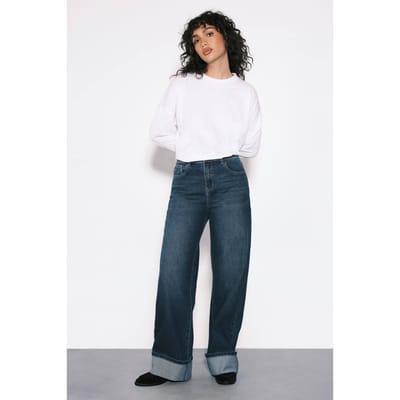 boohoo Dames Opgeslagen Hoge Taille Wijde Pijpen Jeans | Vintage Was | Maat: 36