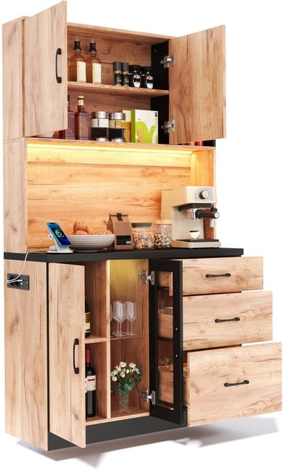 Hoge keukenkast 180 cm - Ruime lades en kasten - Zwarte houtlook buffetkast met LED - Voor keuken en eetkamer - 105x40x180 cm Zwart/Hout