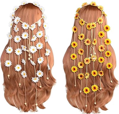 Bloemen Hoofdband - Bloemen Kroon - Feestelijk Accessoire - Verstelbaar Ontwerp - 63.5 cm Lengte - Geel Wit