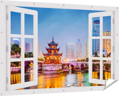 Gards Tuinposter Doorkijk Rivier bij Stad Guiyang in China - 180x120 cm - Tuindoek - Tuindecoratie - Wanddecoratie buiten - Tuinschilderij