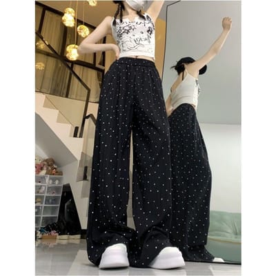 Casual broek met stippen voor dames in de zomer, wandelbroektextuur, lazy wind en ijszijde broek XXL zwart