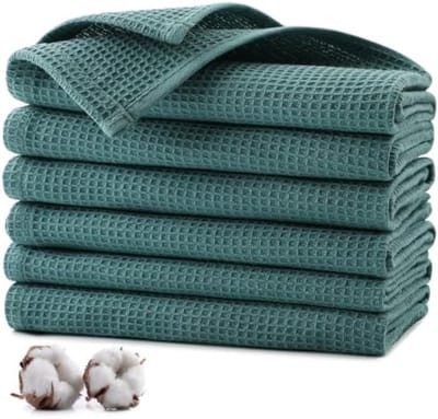 PromoHome Premium Theedoeken Set van 6 Stuks - 100% Katoen Wafelstof Keukenhanddoeken 35x35 cm - Zeer Absorberende Vaatdoeken en Poetsdoeken in Donkergroen - Machinewasbaar
