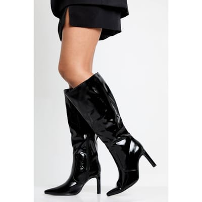 boohoo Dames Brede pasvorm, puntige stiletto patent kniehoge laarzen | Black | Maat: 3