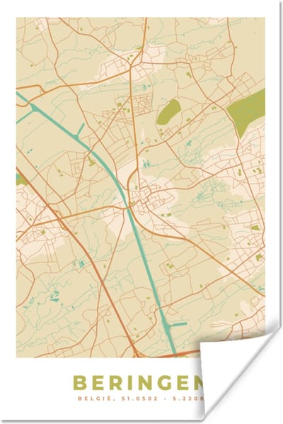 Poster Stadskaart - Plattegrond - Kaart - België - Beringen - 120x180 cm XXL