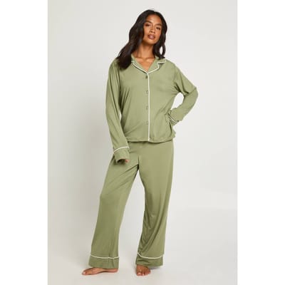 boohoo Dames Petite Piping-detail langmouwenhemd & broek pyjamaset | Verstandig | Maat: 34